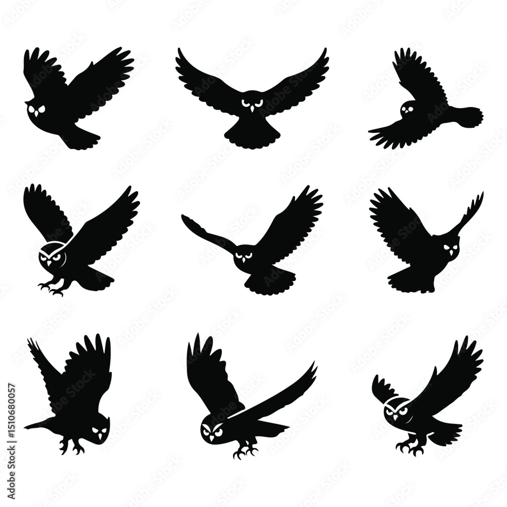 Fototapeta premium Set of Flying Owl Silhouette Vector