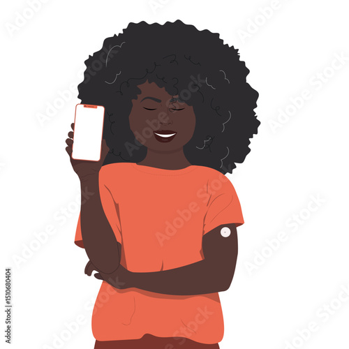 African american Woman Character Wearing A Glucose Sensor Conveniently Monitor Her Blood Sugar Levels Through A Smartphone App