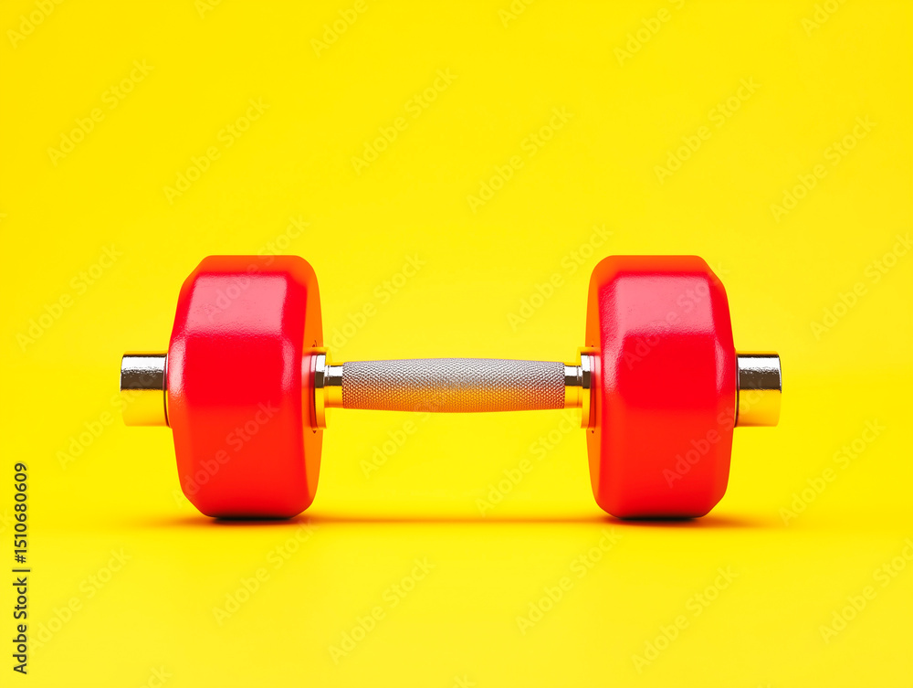 Obraz premium Bright red dumbbell on a vivid yellow background.