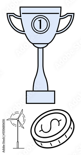 Trophy symbolizing achievement, dollar coin for financial growth, and wind turbine for sustainability. Ideal for success concepts, green energy, economy, wealth, rewards, leadership simple landing