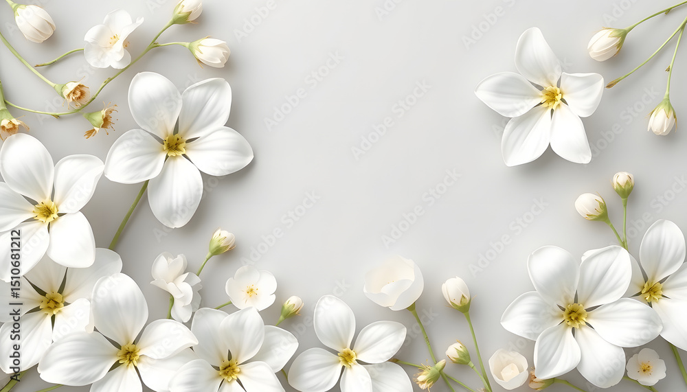 Obraz premium Elegant white floral arrangement design, delicate blossom motif or soft petal backdrop for Mother's Day, birthday, Valentine's, wedding, or celebration cards, comic art. with white shades