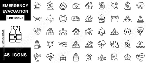 Emergency Evacuation Line Icons Set Featuring Natural Disaster, Rescue Call, Shelter, Safety Gear, Tornado, Flood, Wildfire, Helicopter, and Alert Symbols