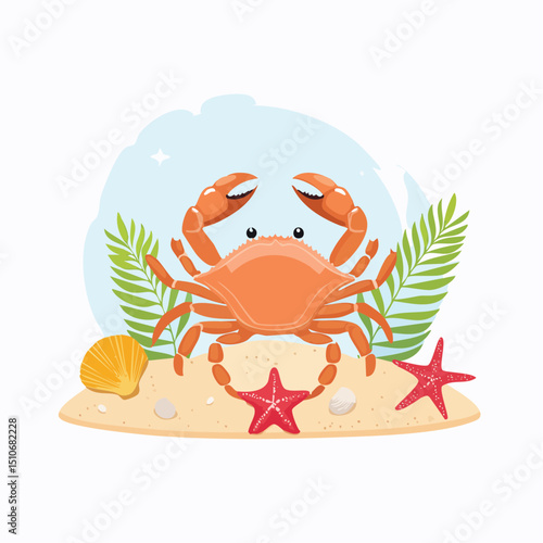 Summer by the Shore: An animated crab and seashell scene unfolds a captivating narrative. The focus is on a cheerful crab on a sandy shore, framed by starfish, palm leaves and seashell.