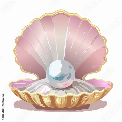 Ocean Treasure: A captivating illustration showcasing a delicate pearl nestled within a lustrous open seashell, a symbol of beauty, luxury, and the mysteries of the sea. 