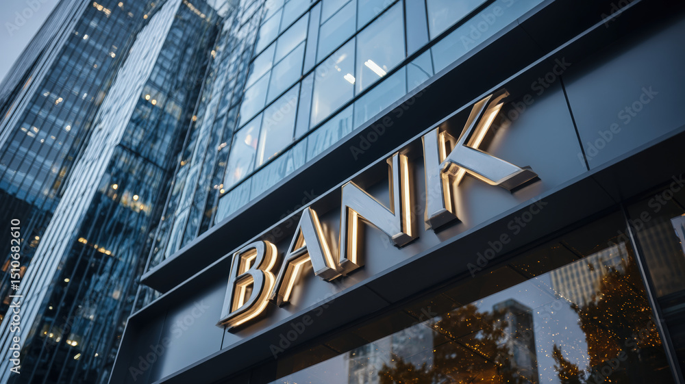 Obraz premium Modern Bank Building Facade Golden Sign Letters Glass Architecture Commercial Financial Institution Exterior Urban Business