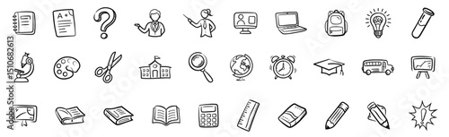General Education Doodle Icons Set – Outline Hand Drawn School and Learning Symbols