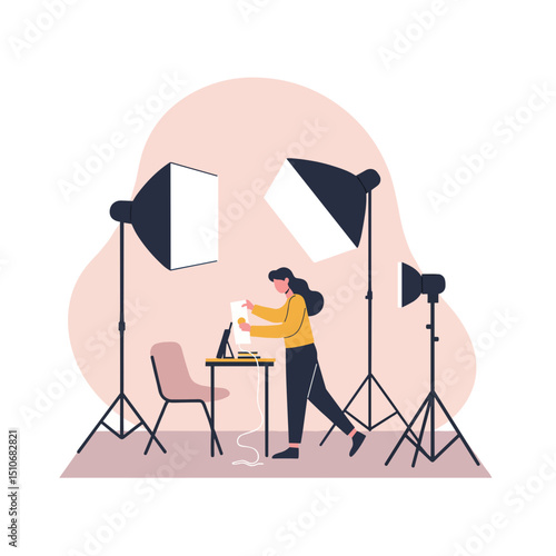 Blogger preparing for product shoot at photography studio with lights  