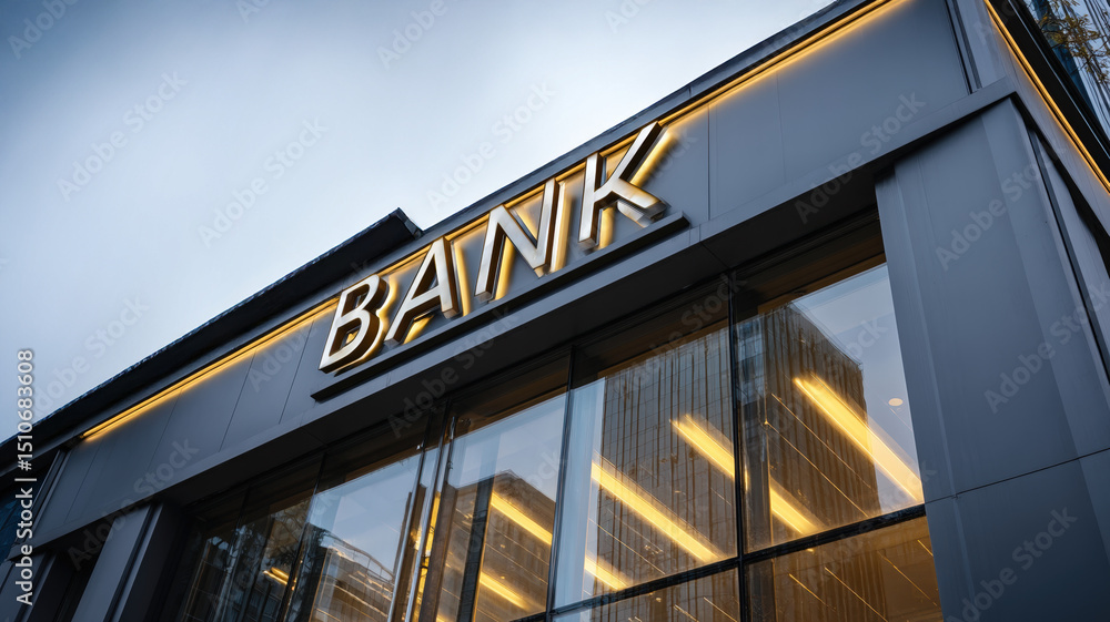 Obraz premium Modern Bank Building Facade Golden Sign Letters Glass Architecture Commercial Financial Institution Exterior Urban Business