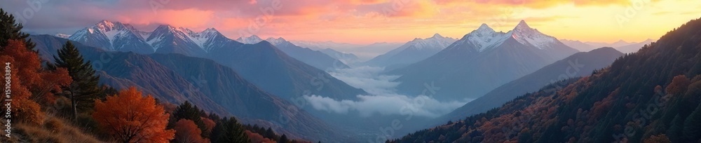 Obraz premium Majestic mountain range at dawn, perfect autumnal colors, mist hangs in the valleys, ideal hunting backdrop Ready for your next adventure photo , adventure, gold, outdoors