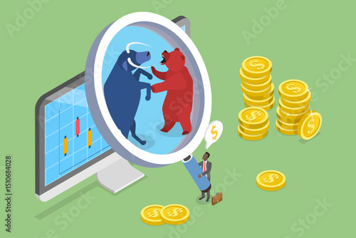 3D Isometric Flat Vector Illustration of Analizing Stock Market Trends, Investigating Bull Vs Bear Assessment