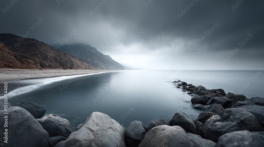 Fototapeta premium A coastal scene with an overcast sky filled with heavy, rolling clouds casting a cool, gray tone over calm ocean waters and rocky shorelines