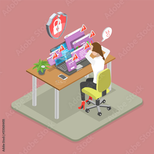 3D Isometric Flat Vector Illustration of Data Breach, Detecting Weaks In Network Security