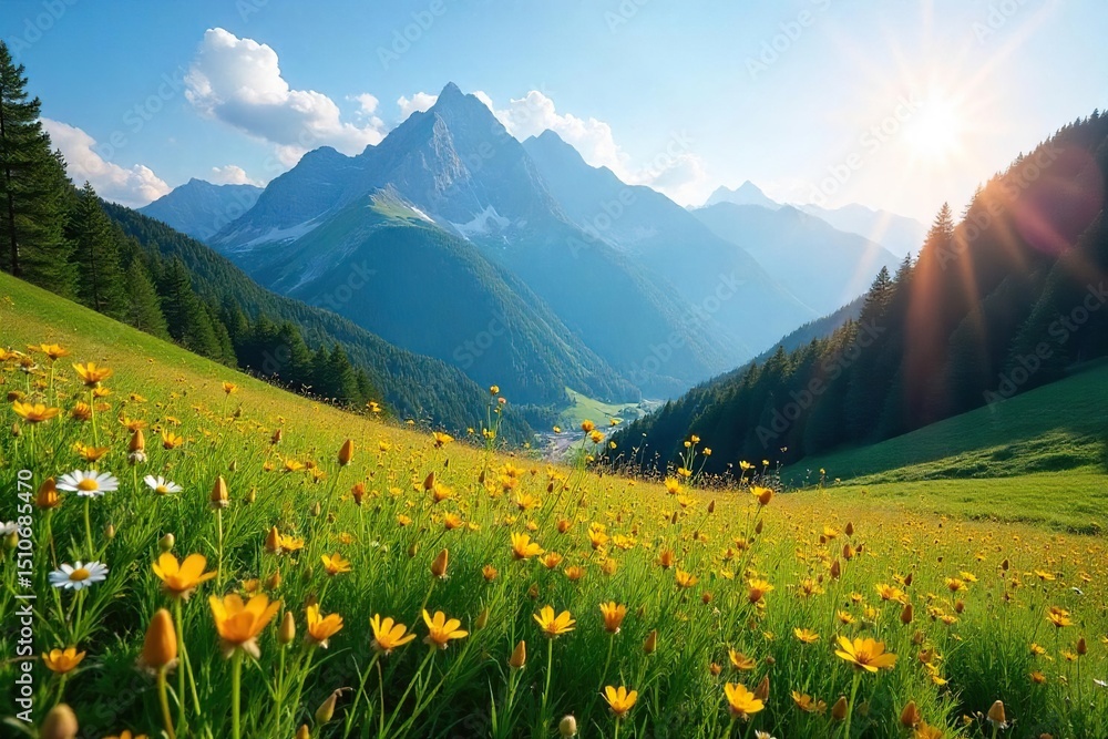 Serene mountain meadow bathed in golden sunlight, wildflowers blooming, clear blue sky above, tranquil landscape, perfect for nature lovers , landscape, peaceful Serene mountain meadow bathed in golden sunlight, wildflowers blooming, clear blue sky above, tranquil landscape, perfect for nature lovers , landscape, peaceful
