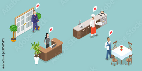 3D Isometric Flat Vector Illustration of Restaurant Staff Characters, Professionals Team