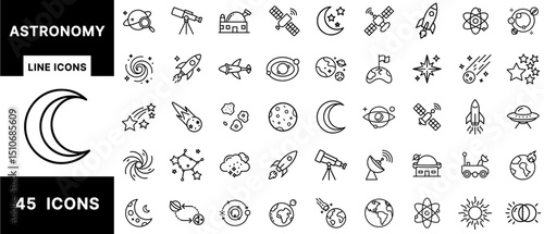Astronomy Line Icons Set Featuring Telescopes, Satellites, Planets, Moons, Stars, Galaxies, UFOs, Comets, Rockets, Orbit Diagrams, and Solar Systems