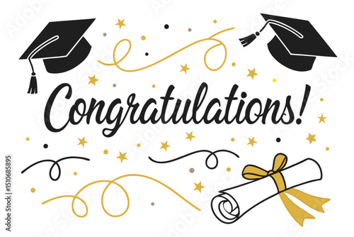 Elegant graduation congratulations card featuring mortarboards stars and a diploma on a white background