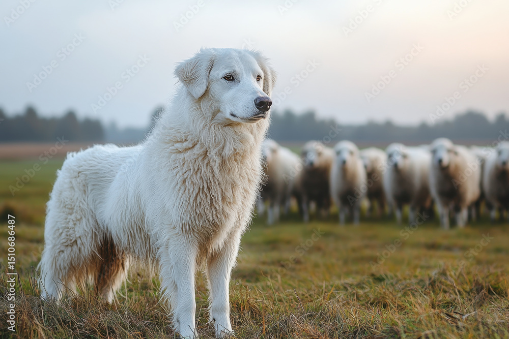 Obraz premium Dog standing in field with sheep, under clear blue skies.