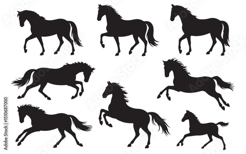 A collection of black silhouettes of horses in various dynamic poses, including walking, running, and jumping.