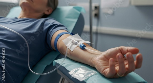 An elderly patient receives intravenous treatment in a hospital room for medical care.