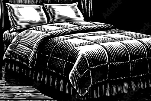 Double bed isolated background black and white hand drawn outline vector