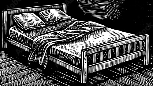 Double bed isolated background black and white hand drawn outline vector
