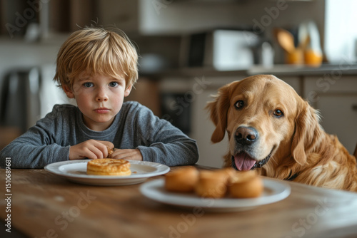 A boy and his dog eating food together, sharing a moment of joy and connection.