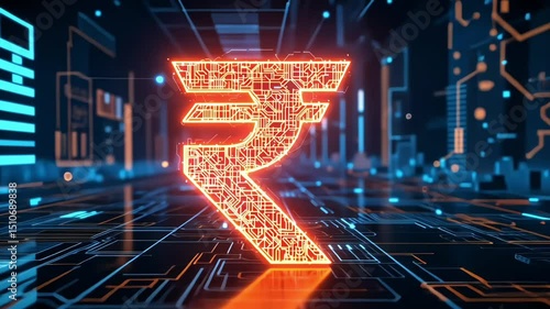 Rupee shaped from digital circuit lines, representing fintech, innovation, and the technological rise of Indian finance