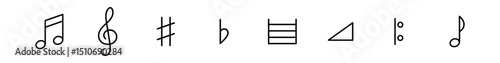 Music symbol line icon set - flat, sheet notes, clef, sharp, flat, rhythm symbols