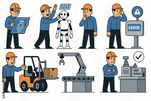 Engineer handling automation tasks blueprint review, sensor calibration, forklift guidance, vector art, white background
