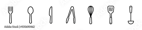 Kitchen utensils icon set - outline, cooking, fork, spoon, knife, whisk, tongs