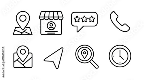 Business communication line icon set - phone, location & review symbols