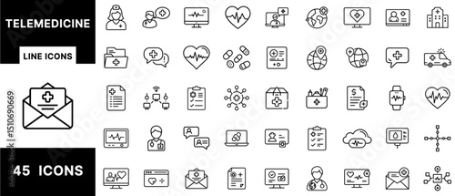 Telemedicine Line Icons Set Featuring Online Consultation, Digital Health Records, Remote Monitoring, Medical Chat, E-Prescriptions, and Wearable Devices