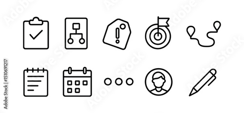 Business and task management line icon set - organized workflow essentials