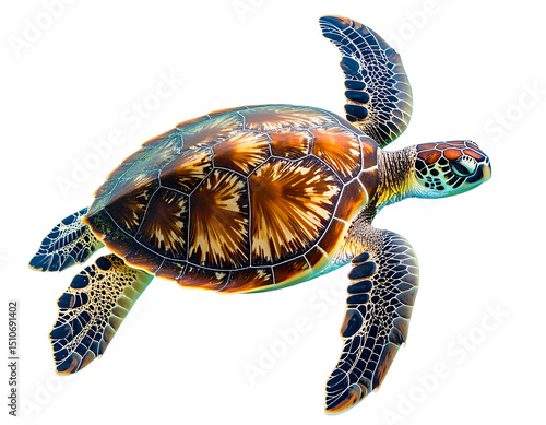 Top View of Green Sea Turtle Gliding Underwater, Isolated on Transparent Background
