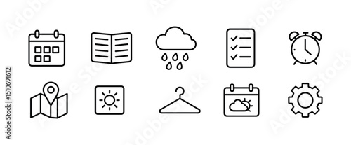 Planning & weather outline icon set - calendar, maps, and schedule symbols