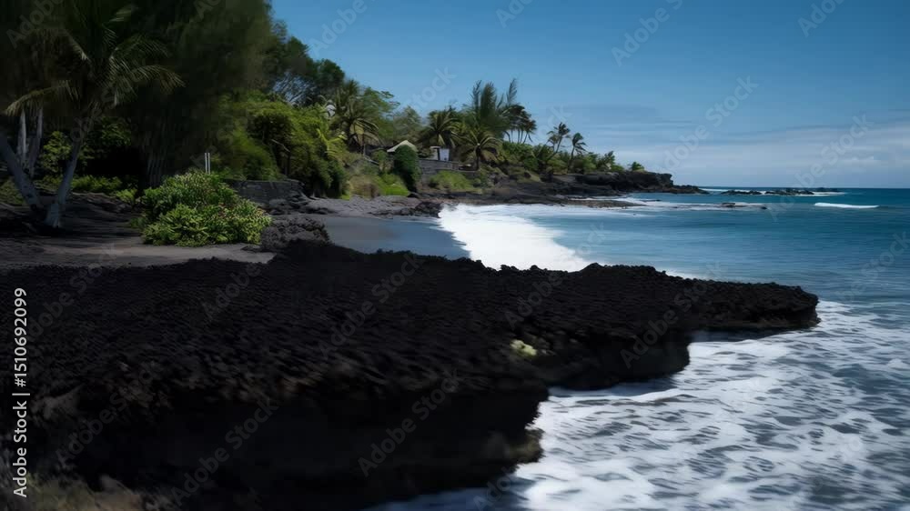 Scenic black sand beach meets vibrant blue ocean with palm trees and lush tropical vegetation on a sunny day Scenic black sand beach meets vibrant blue ocean with palm trees and lush tropical vegetation on a sunny day