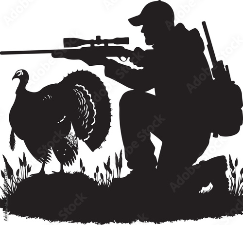 silhouette of a hunter hunter with shotgun Hunter in Camo Kneeling Near Turkey Hunting  Silhouette Vector new 2025 trendy unique