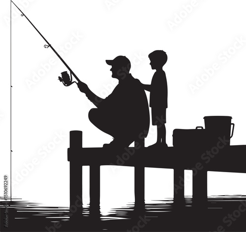 fishing in the sea ,Father and Son Fishing on Dock Silhouette  Family Outdoor Activity Vector new  2025 trendy vector for fishing T shirt design 