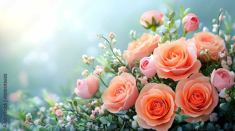 Fototapeta premium Peach and pink roses in full bloom with green foliage and soft focus
