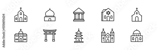 Religious buildings line icon set - outline, church, mosque, temple, synagogue designs