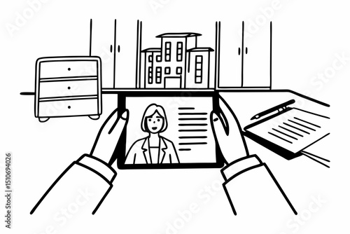 businesswoman in suit using hands to protecting of condominium model and working on tablet with contract document about renting or buying and insurance housing in workspace modern