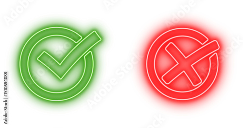 Glowing Neon checkmark and cross icon isolated on transparent background, approval and rejection symbols, yes and no icon