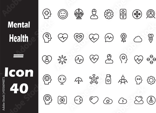 Mental Health Icon Set: A curated set of clean, monochromatic icons representing mental well-being, psychological concepts, and health-related symbols, perfect for illustrating mental health themes.