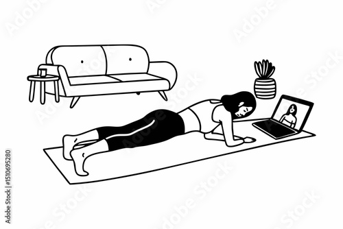 Young Asian woman in sportswear doing plank on training mat while watching online workout tutorials on laptop in the living room. Sport and recreation concept