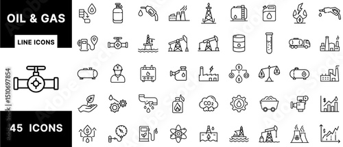 Oil and Gas Line Icons Set Featuring Drilling Rigs, Pipelines, Refineries, Fuel Storage, Energy Extraction, Gasoline, Tanker Trucks, and Industrial Economy Symbols
