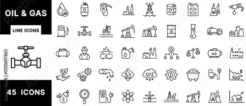 Oil and Gas Line Icons Set Featuring Drilling Rigs, Pipelines, Refineries, Fuel Storage, Energy Extraction, Gasoline, Tanker Trucks, and Industrial Economy Symbols