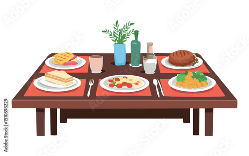 Full Table with Main Dishes and Drinks - Vector Illustration