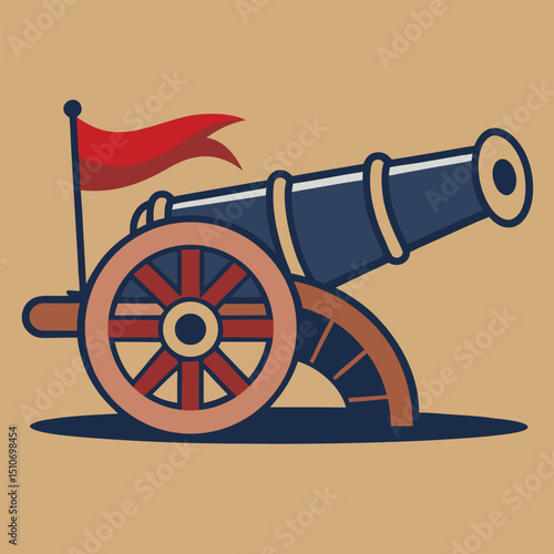 Vintage cannon with flag wrap and rustic style vector illustration