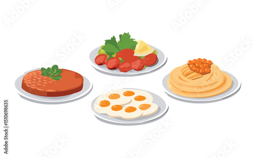 Set of Breakfast Hummus and Eggs - Vector Illustration