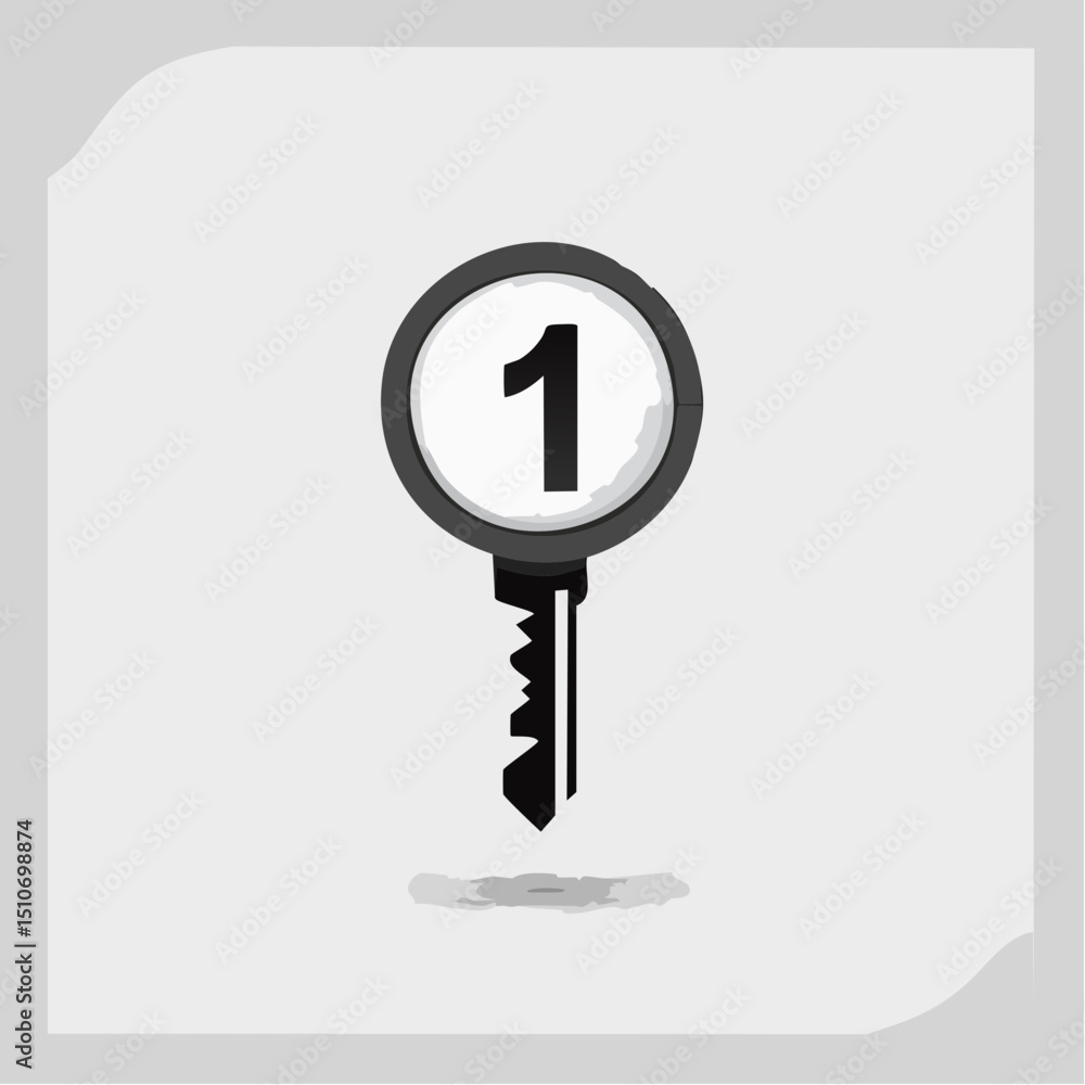 Gray Key Icon with Number One on White Background Gray Key Icon with Number One on White Background